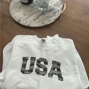 White Sweatshirt with USA Camo Print